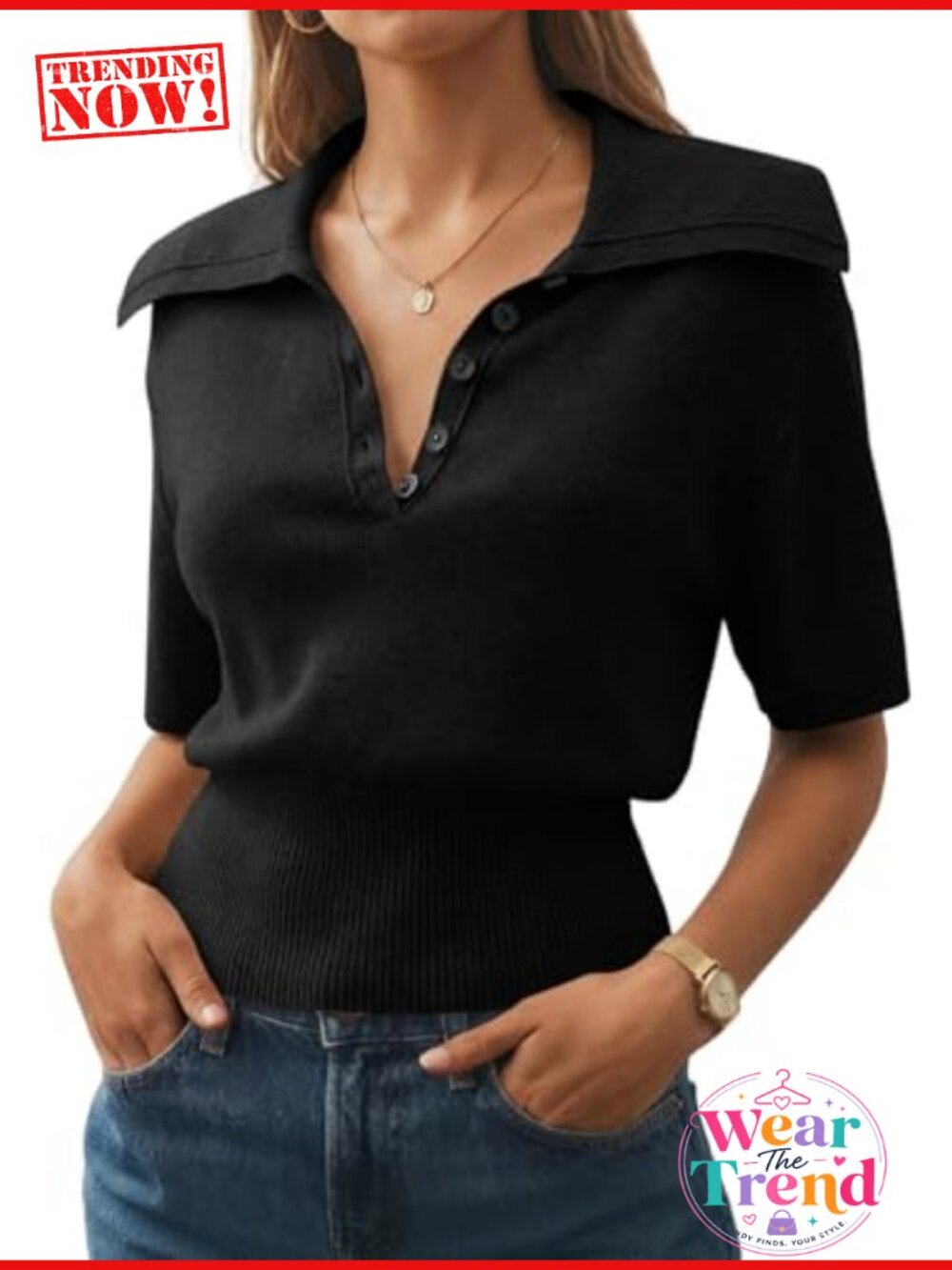 Saodimallsu Women's Polo Sweater Top Short Sleeve V-Neck Ribbed Hem Casual